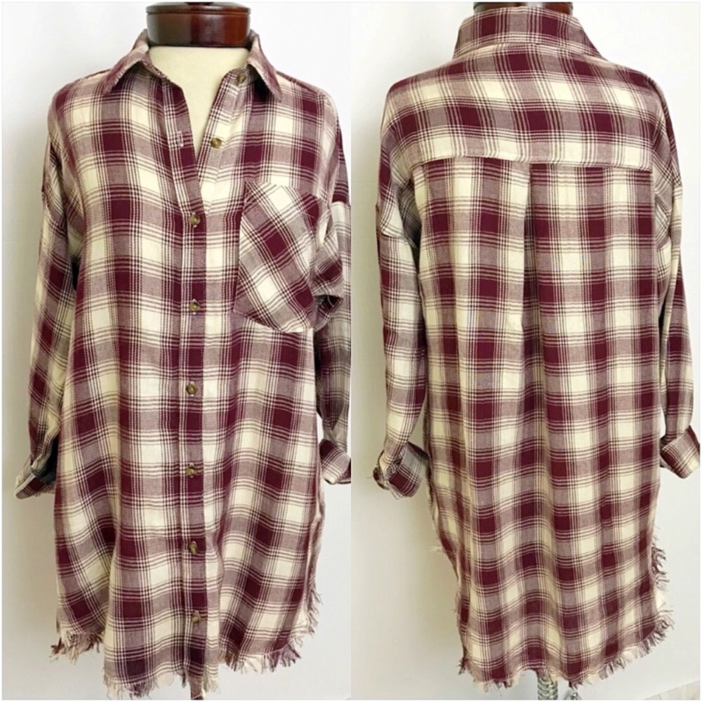 Frayed Hem Boho Plaid HiLow Tunic Shirt SML - Picture 7 of 8